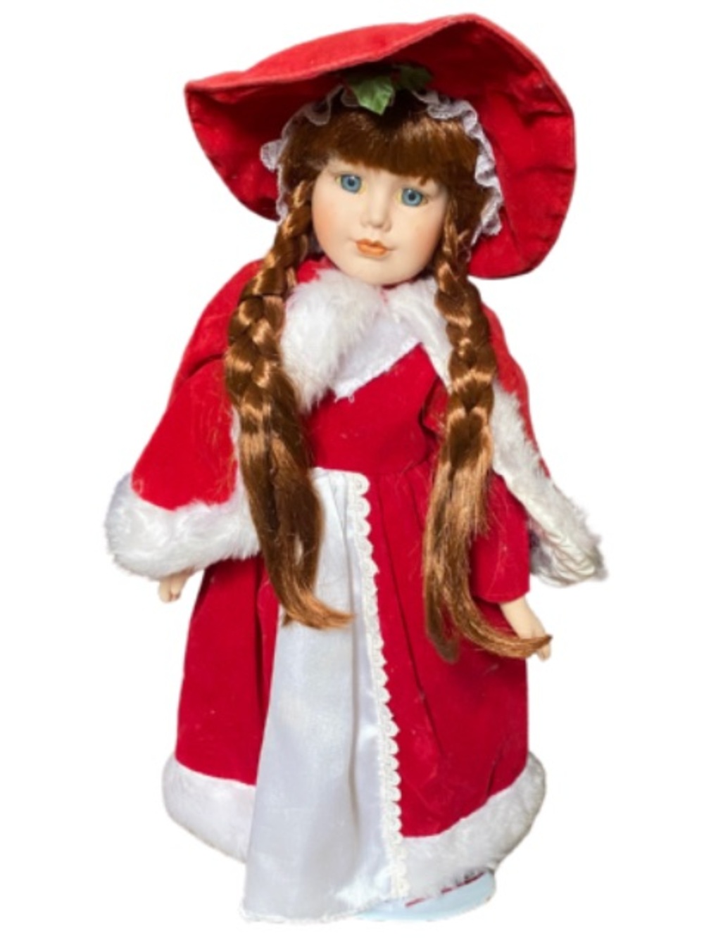 Classic Red Holiday Collectible Porcelain  Doll with Braided Red Hair